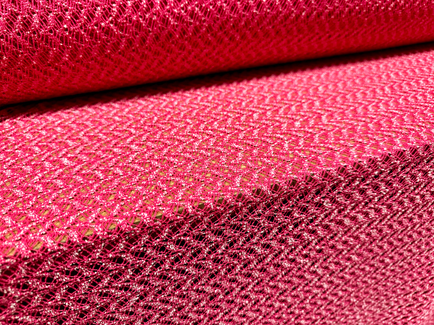 Soft crochet knit fabric, per metre - abstract pattern - cerise pink melange