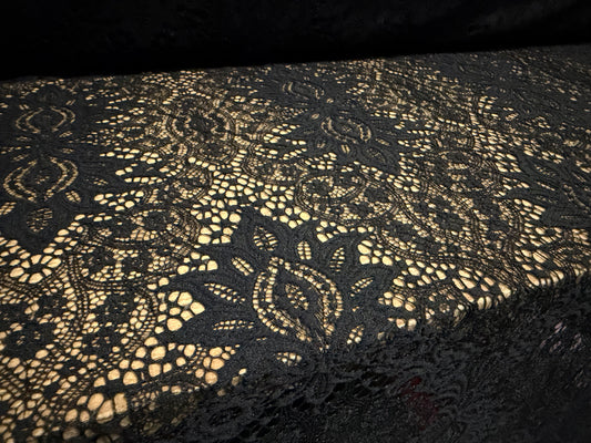 Intricate lace fabric, per metre - mandala floral design - black