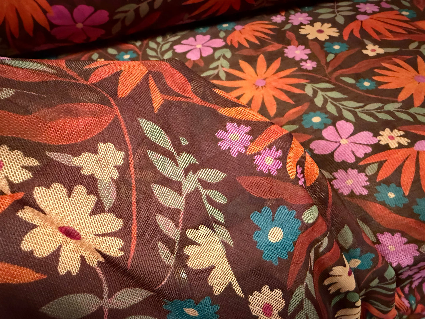 Power mesh net stretch spandex fabric, per metre - popsy floral print - brown orange & pink