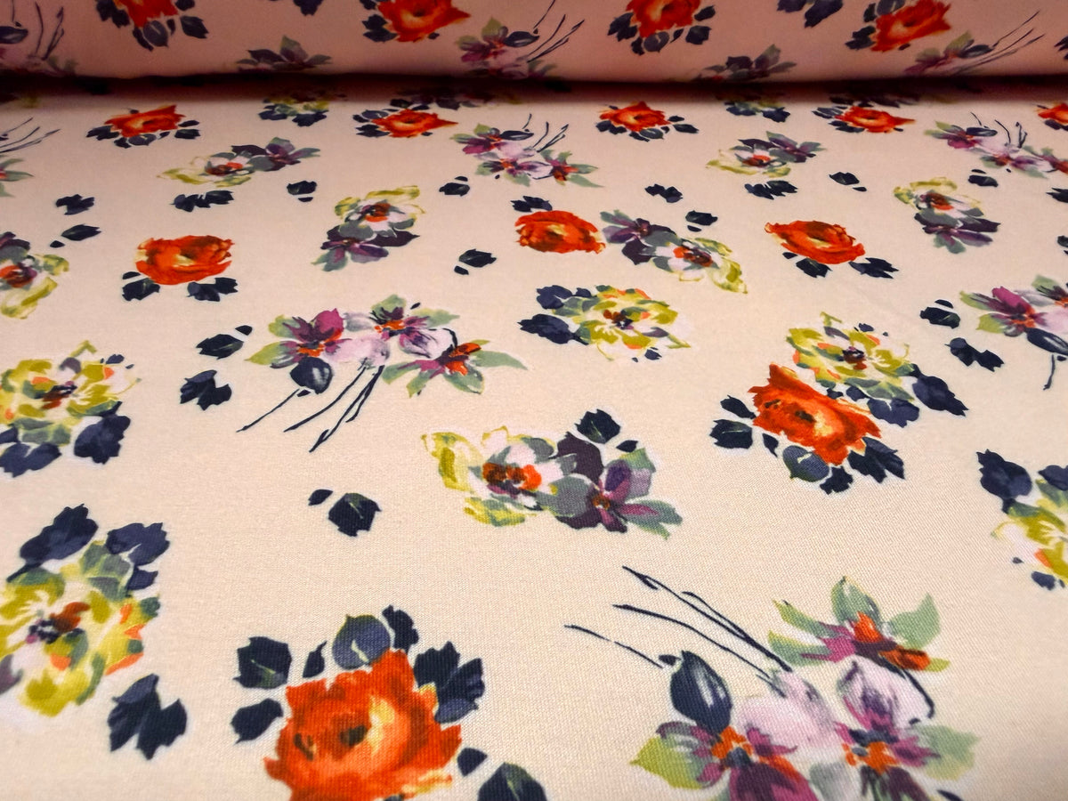 Scuba stretch spandex double jersey fabric, per metre - scattered flowers print - pink orange & navy