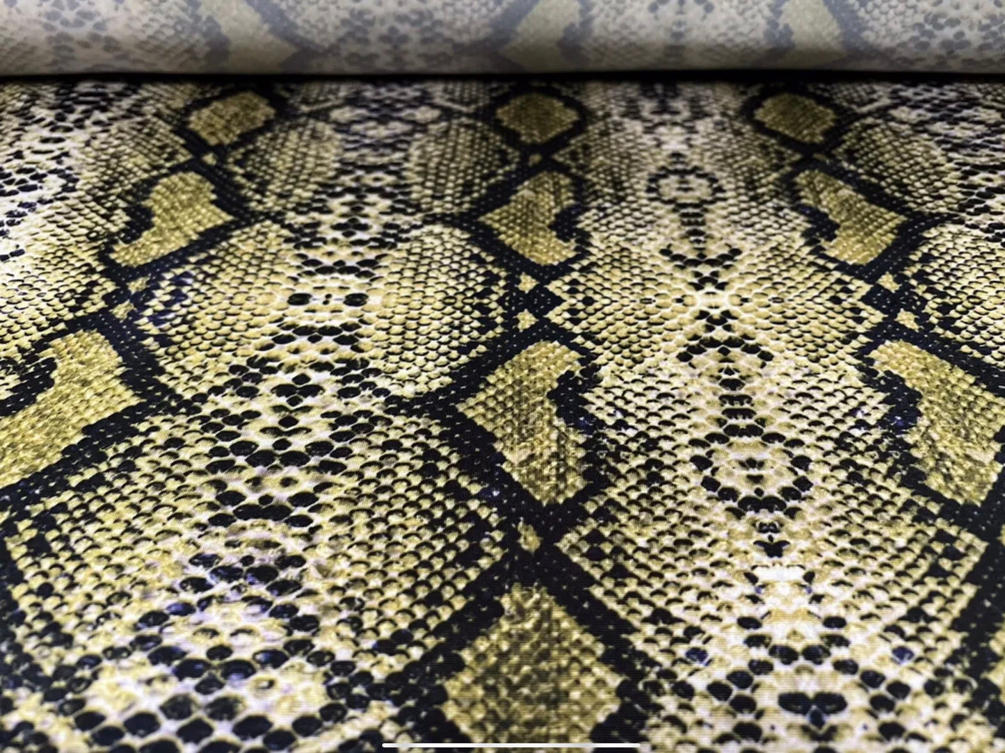 Stretch spandex single jersey fabric, per metre - snakeskin print - olive green