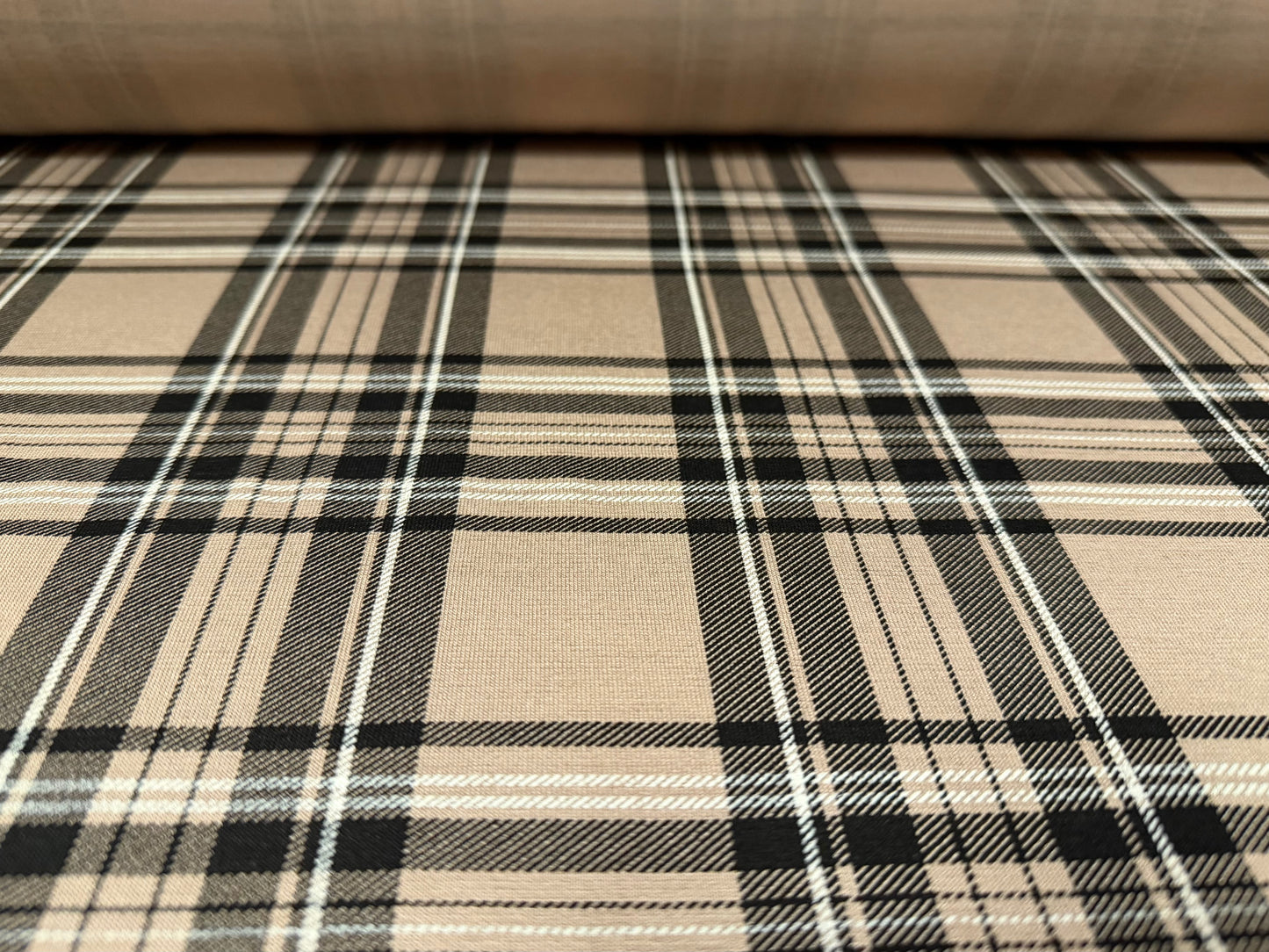Viscose spandex stretch jersey fabric, per metre - tartan check print - stone