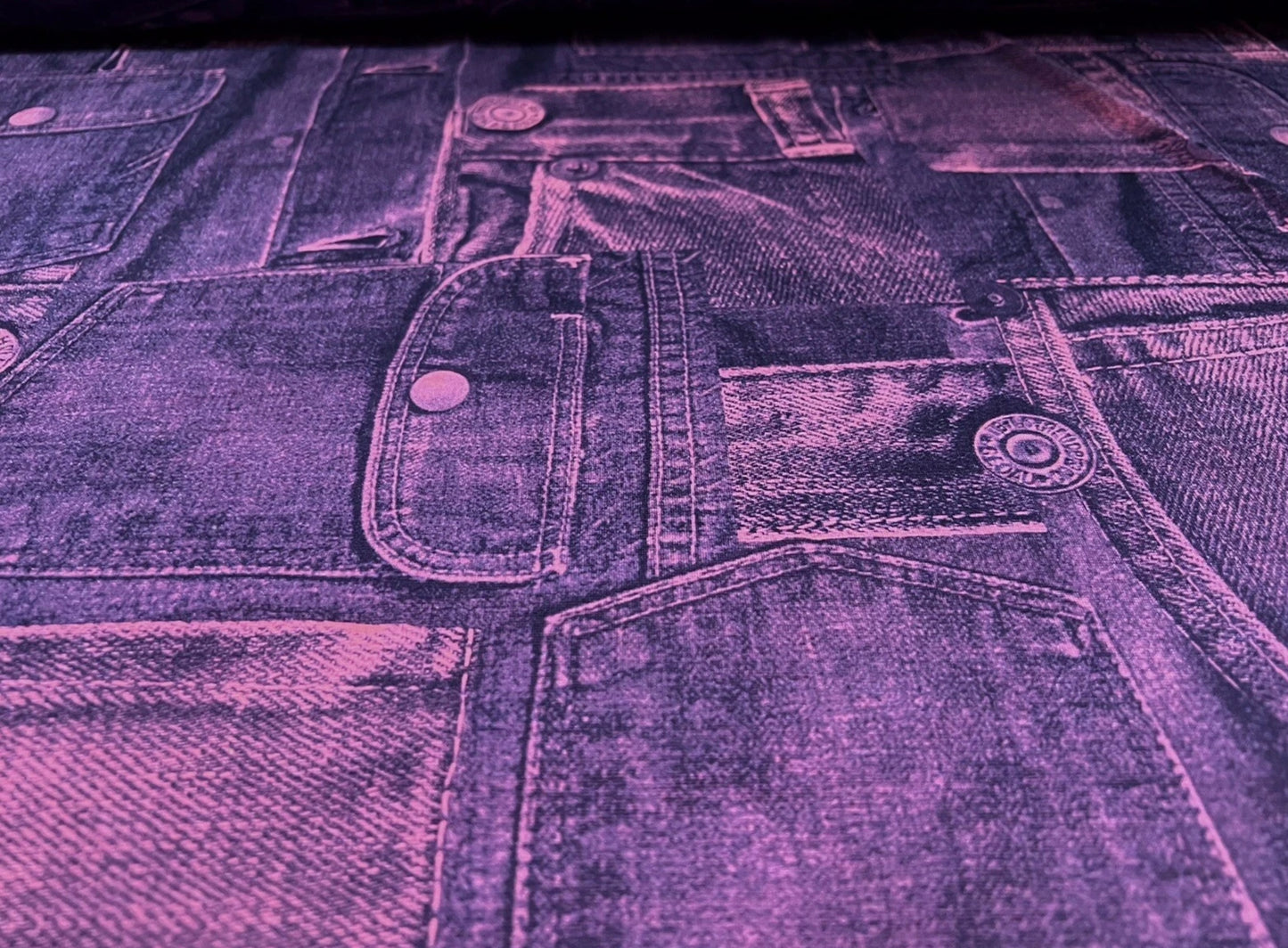 Finely textured stretch spandex single jersey fabric, per metre - Jean pockets print - magenta & purple