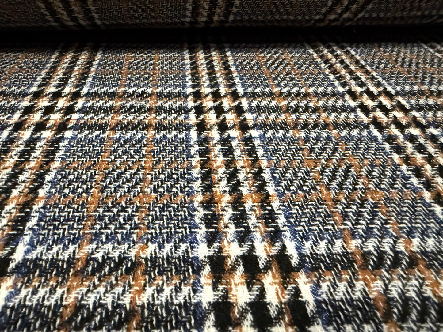 Wool tweed fabric, per metre - plaid check - denim blue & caramel