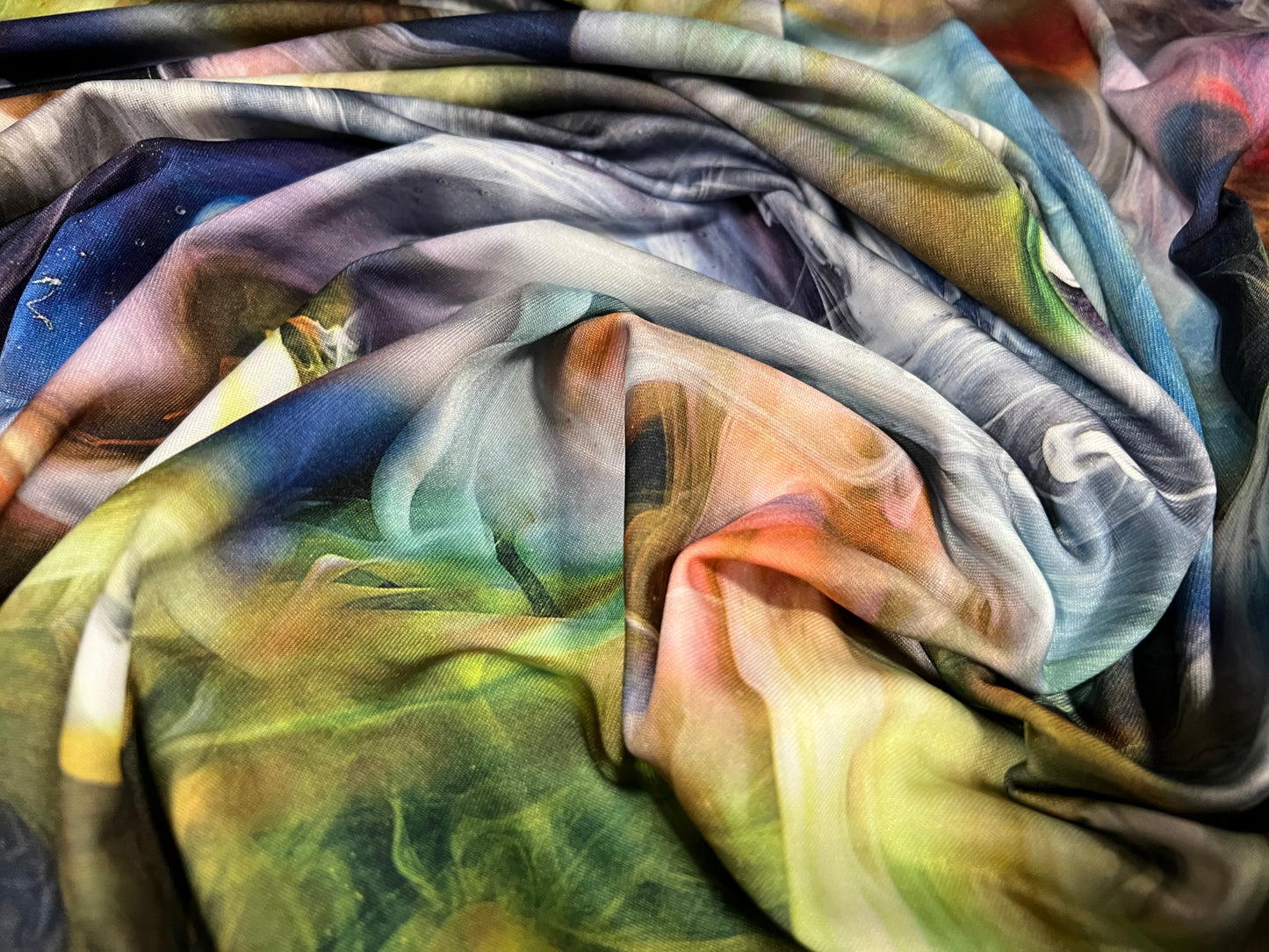 Stretch spandex single jersey fabric, per metre - paint explosion swirl print - multicolour