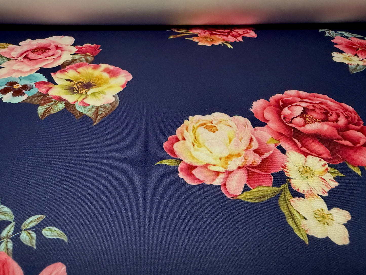 Scuba stretch spandex double jersey fabric, per metre - rose print - navy blue & pink