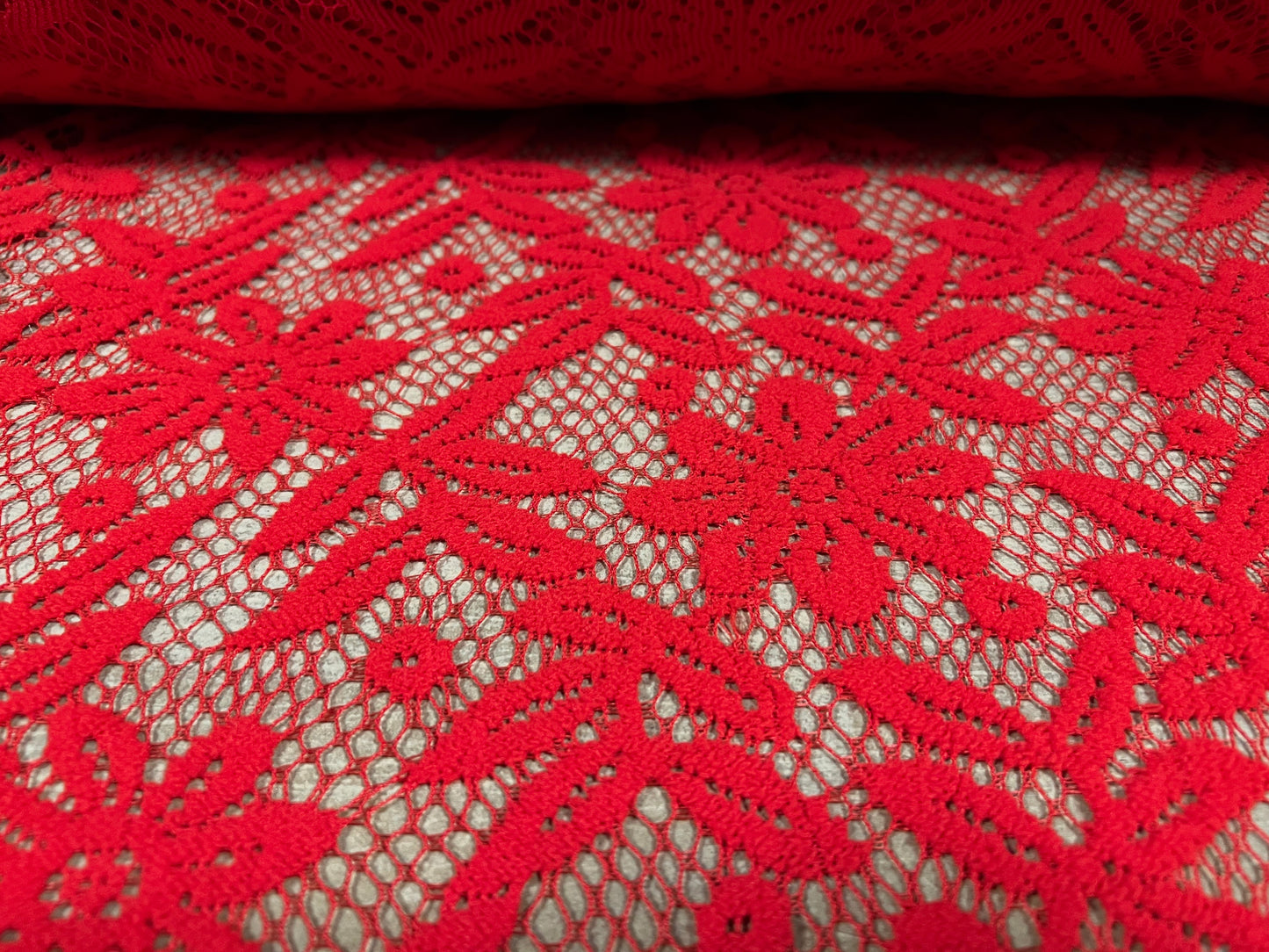 Flocked fishnet lace fabric, per metre - flower design - red