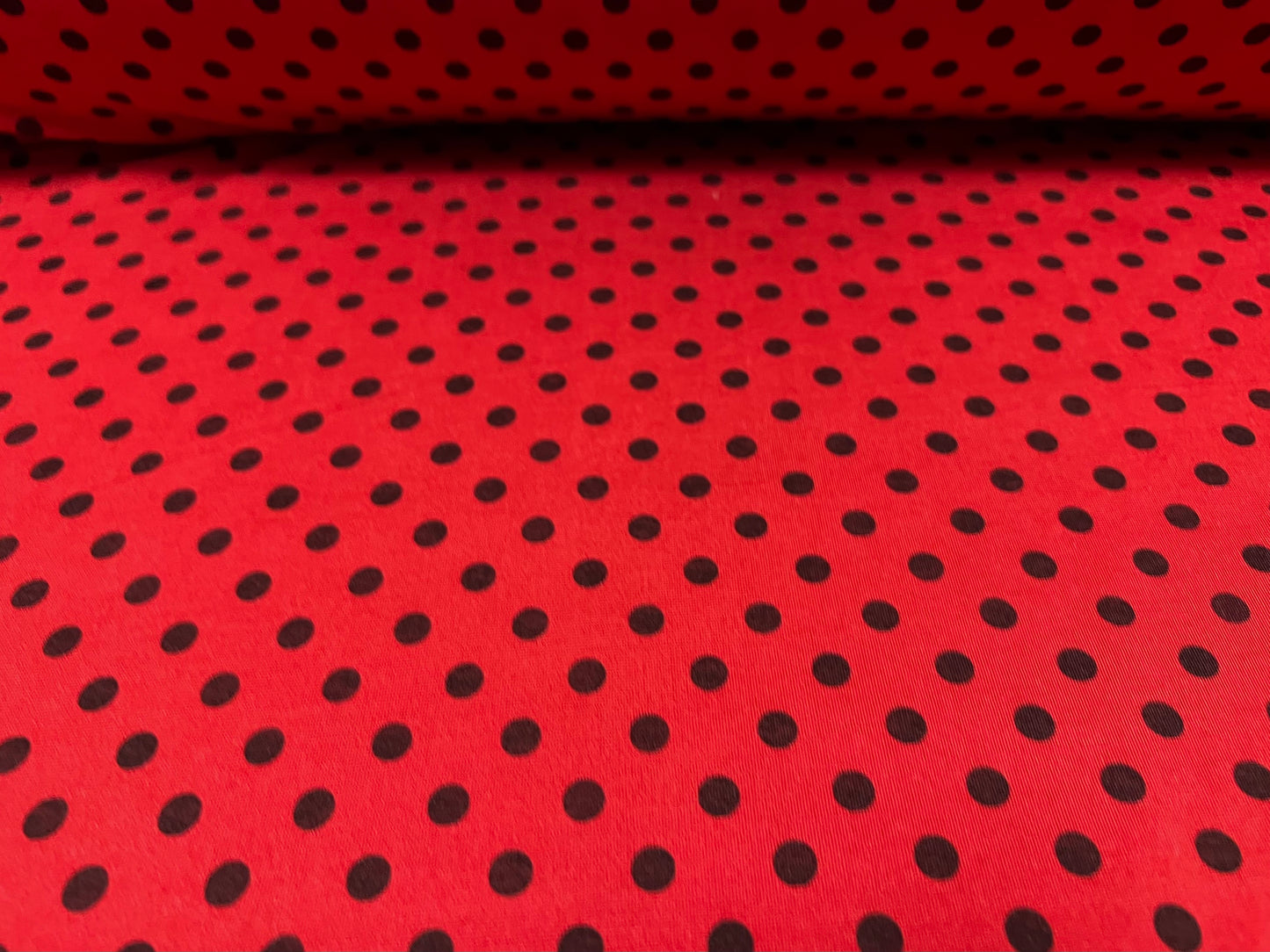 Finely textured stretch spandex single jersey fabric, per metre - ladybug print - red & black spot