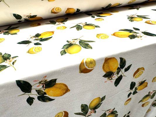 Stretch spandex interlock jersey fabric, per metre - lemons print - yellow & white