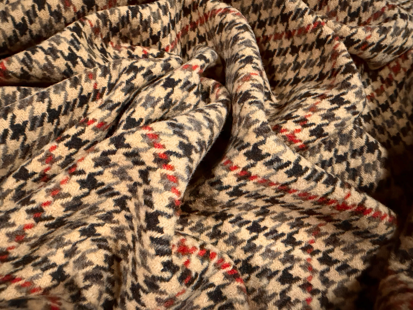 Heavyweight wool flannel coat jacket fabric, per metre - dogtooth check - light brown red & black