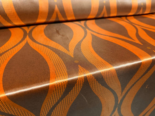 Satin woven dress fabric, per metre - teardrop print - orange & copper