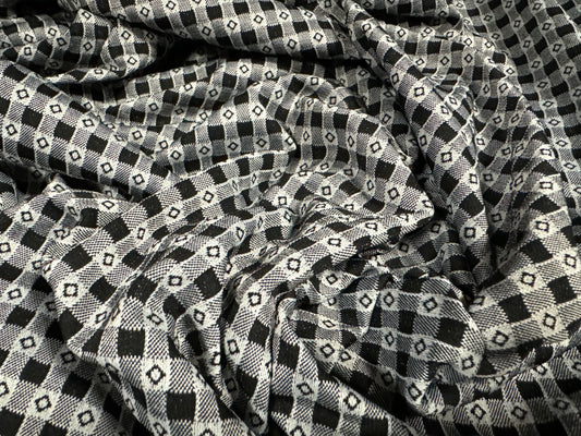 Double jersey stretch spandex dress fabric, per metre - gingham motif jacquard - black & grey