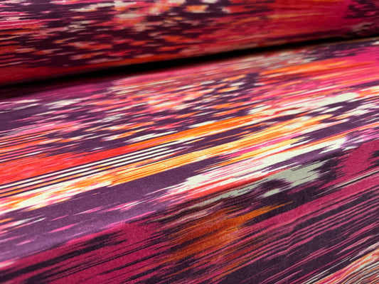 Stretch spandex interlock jersey fabric, per metre - abstract print - purple orange & magenta