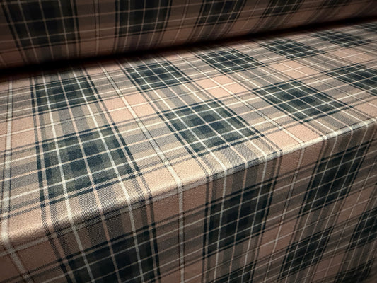 Stretch spandex crepe jersey fabric, per metre - tartan print - dusky pink & grey