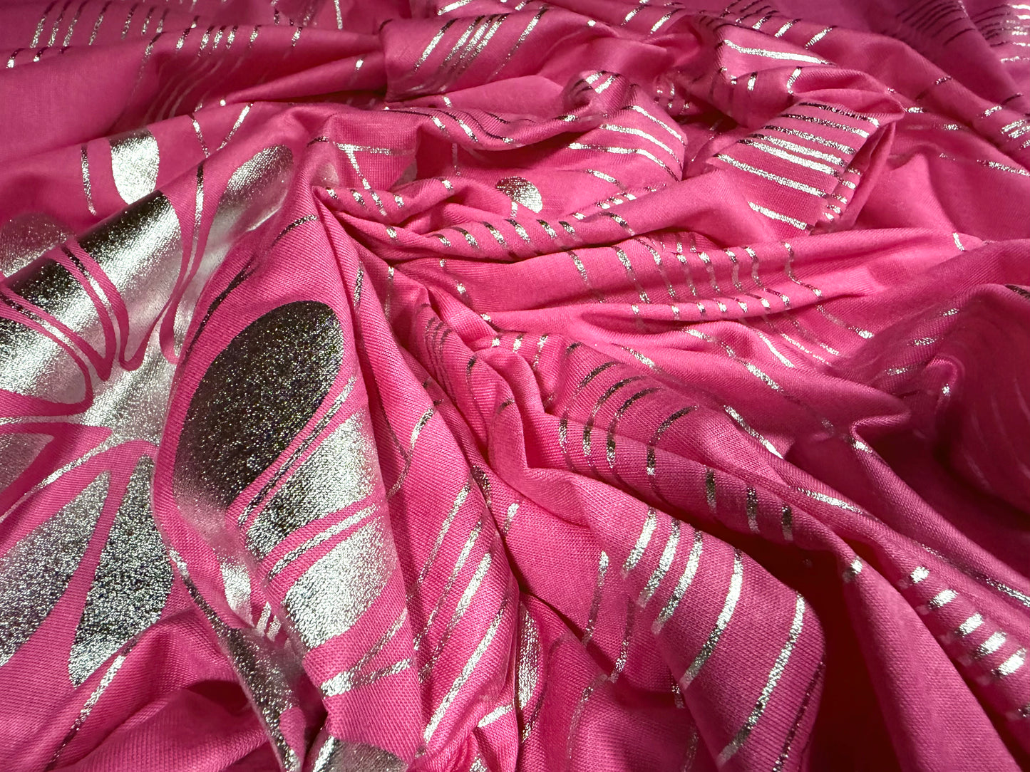 Stretch single jersey fashion fabric, per metre - metallic double border floral print - pink & silver