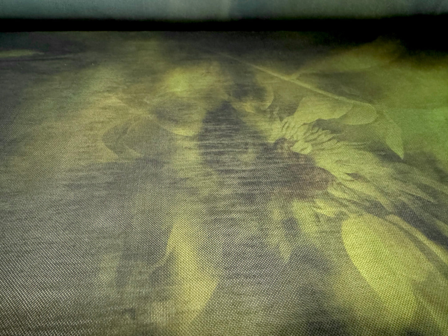 Power mesh net stretch spandex fabric, per metre - stylised sunflower print - black & green