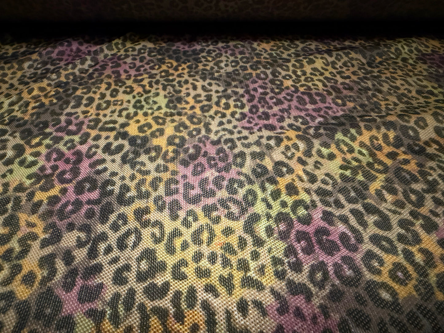 Power mesh net stretch spandex fabric, per metre - cheetah animal print - pink orange & green