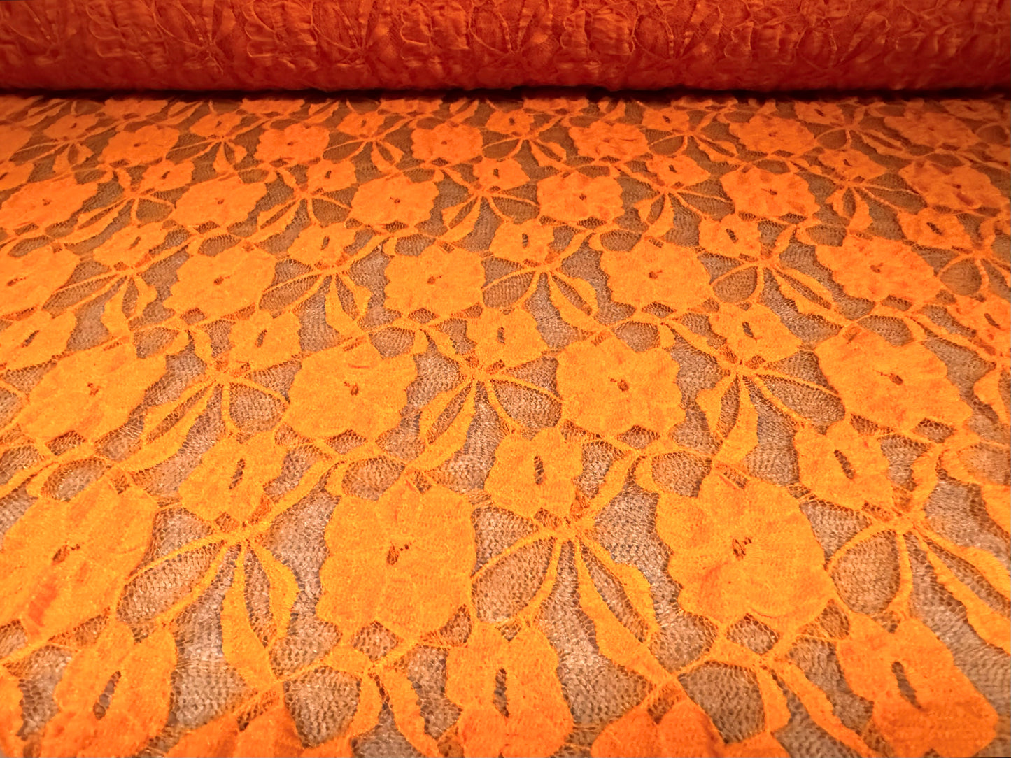 Stretch spandex blister lace net fabric, per metre - floral pattern - orange