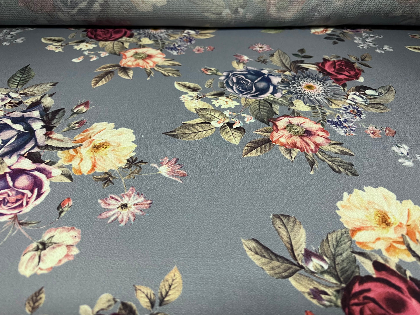 Pebble crepe woven dress fabric, per metre - rose flower print - powder blue