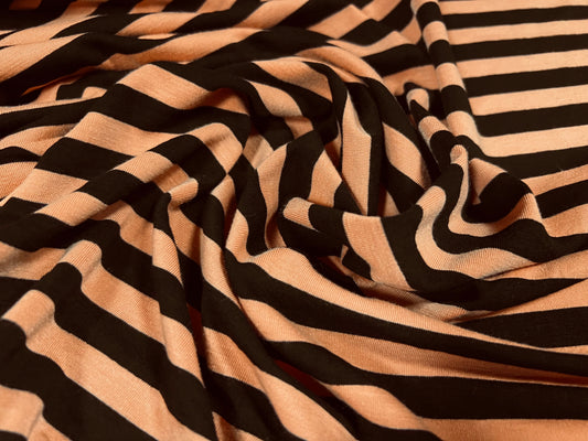 Viscose spandex stretch single jersey fabric, per metre - stripe - black & peach