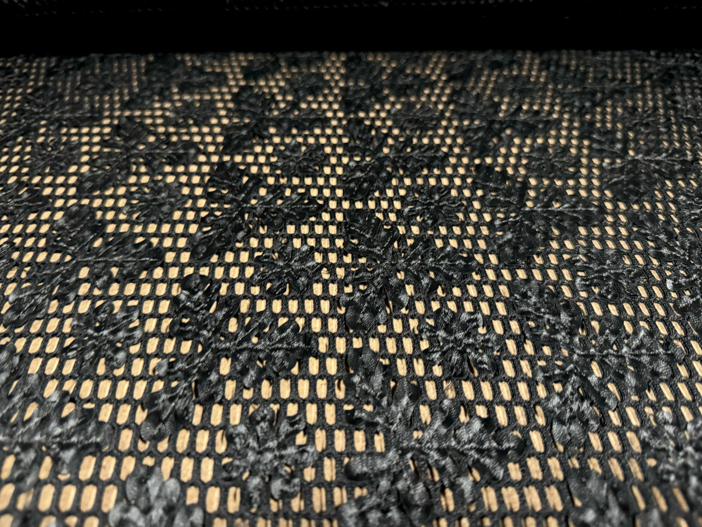 3D scuba fishnet fabric, per metre - embossed flower design - black on black