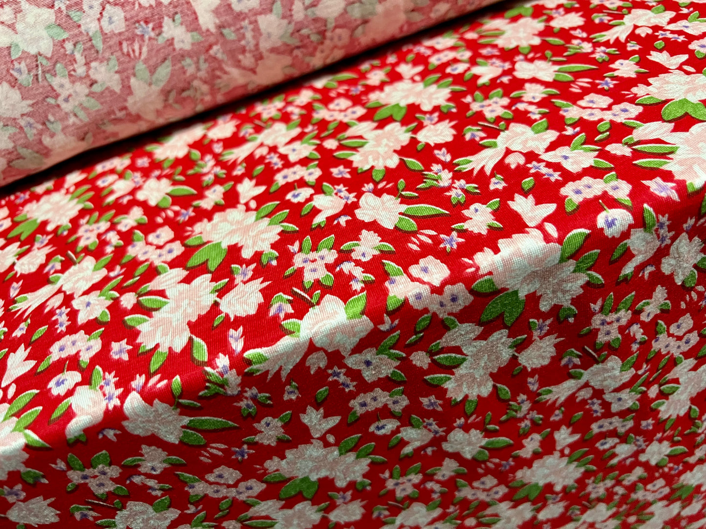 Cotton single jersey fabric, per metre - floral print - red pink & green