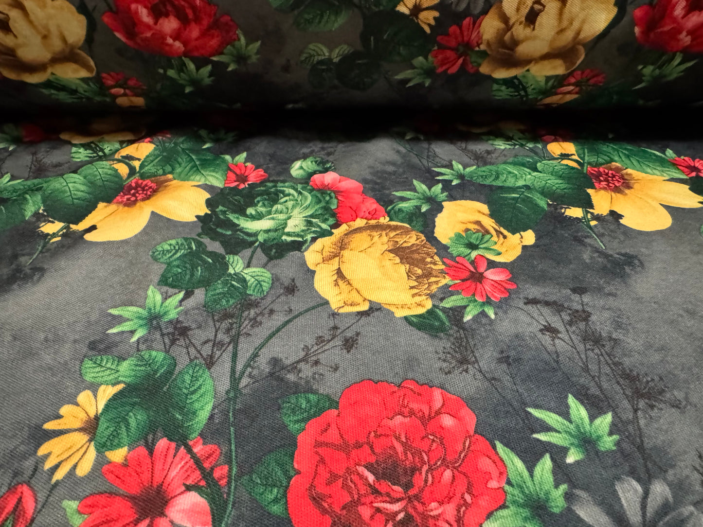 Double jersey upholstery fabric, per metre - rose print - grey red & gold