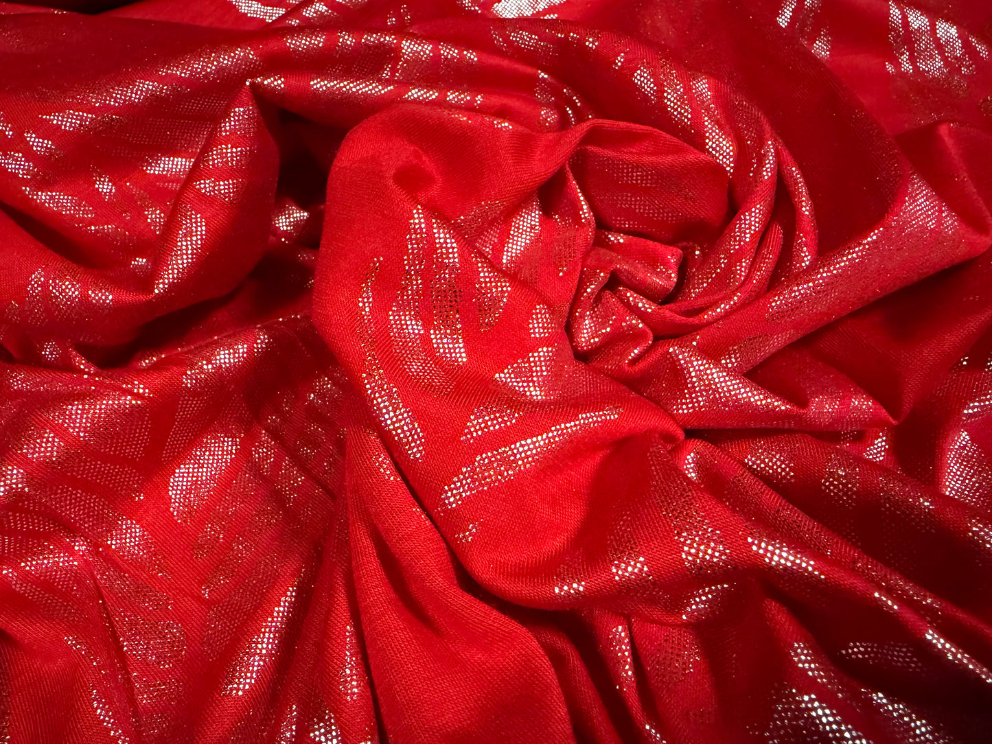 Metallic viscose spandex stretch jersey fabric, per metre - leaf print - red & silver