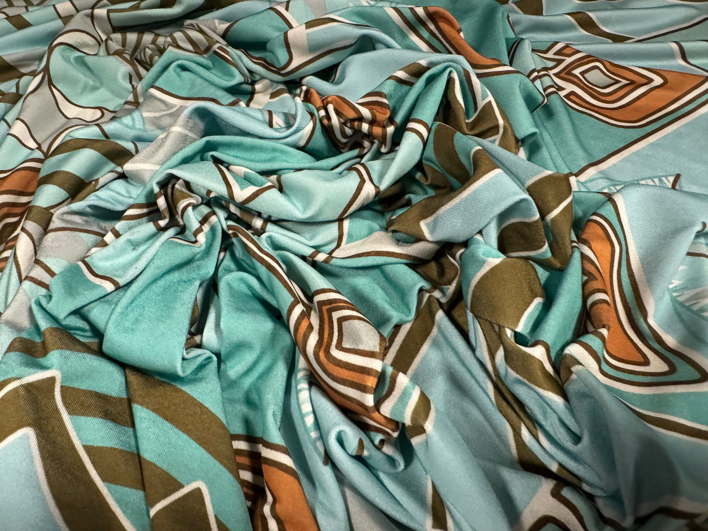 Soft touch stretch spandex single jersey fabric, per metre - retro 60s abstract print - turquoise