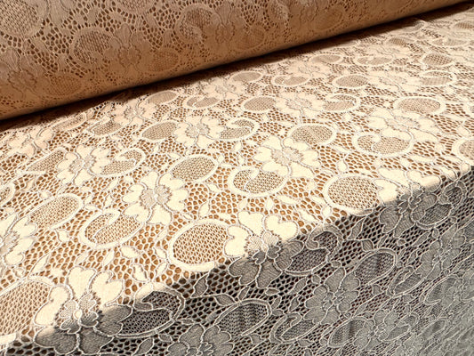 Corded stretch spandex lace fabric, per metre - floral - matte nude