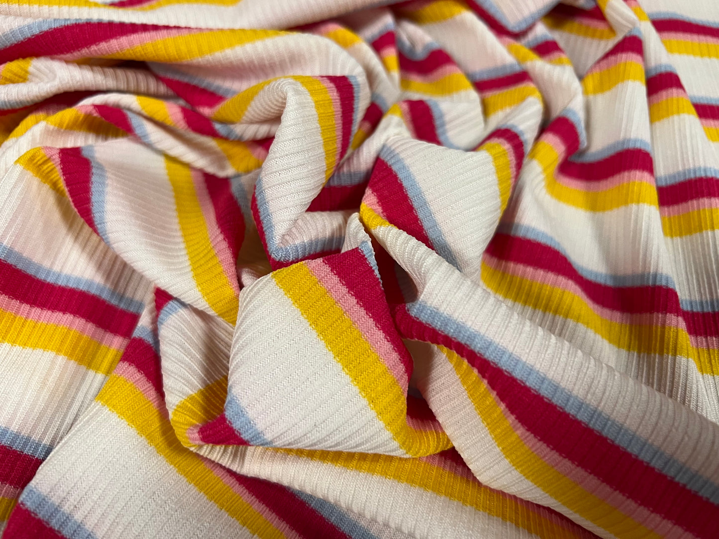 Stretch Spandex rib jersey fabric, per metre - stripe - white, pink & yellow