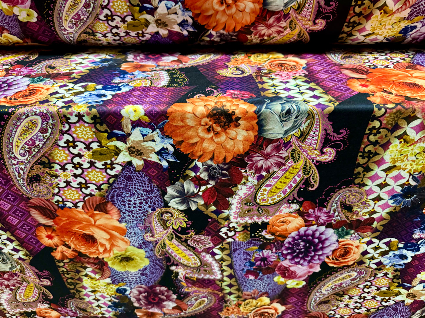 Scuba stretch spandex double jersey dress fabric, per metre - paisley & roses print - purple & orange