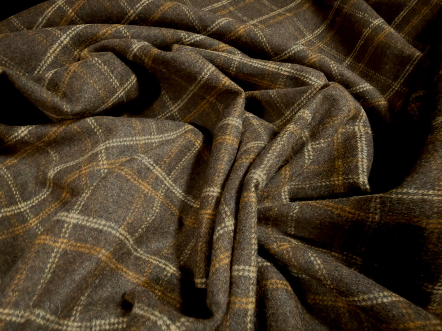 Wool flannel coat jacket fabric, per metre - checked - brown cream & orange