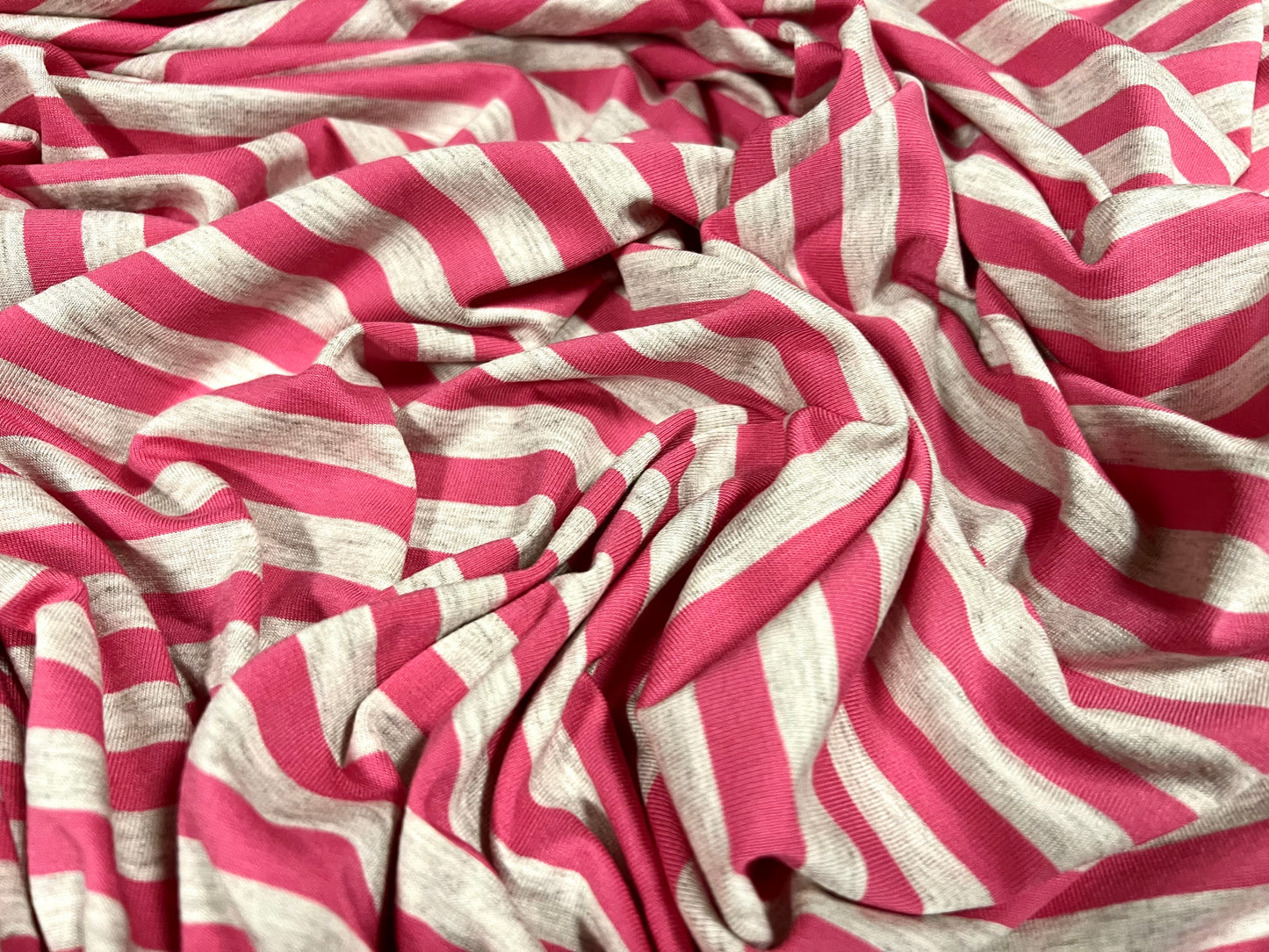 Viscose spandex stretch single jersey fabric, per metre - stripe - pink & grey marl