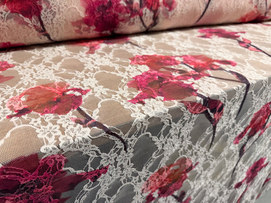 Stretch spandex mesh lace fabric, per metre - Iris floral print - blush pink