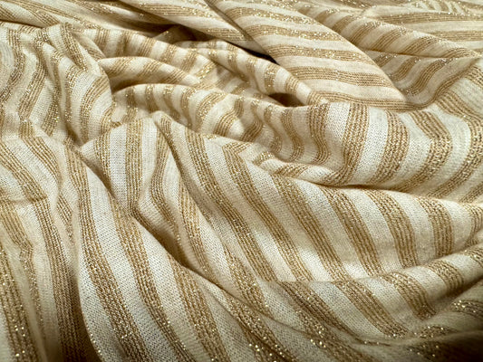 Metallic viscose single jersey fabric, per metre - lurex stripe - cream & gold