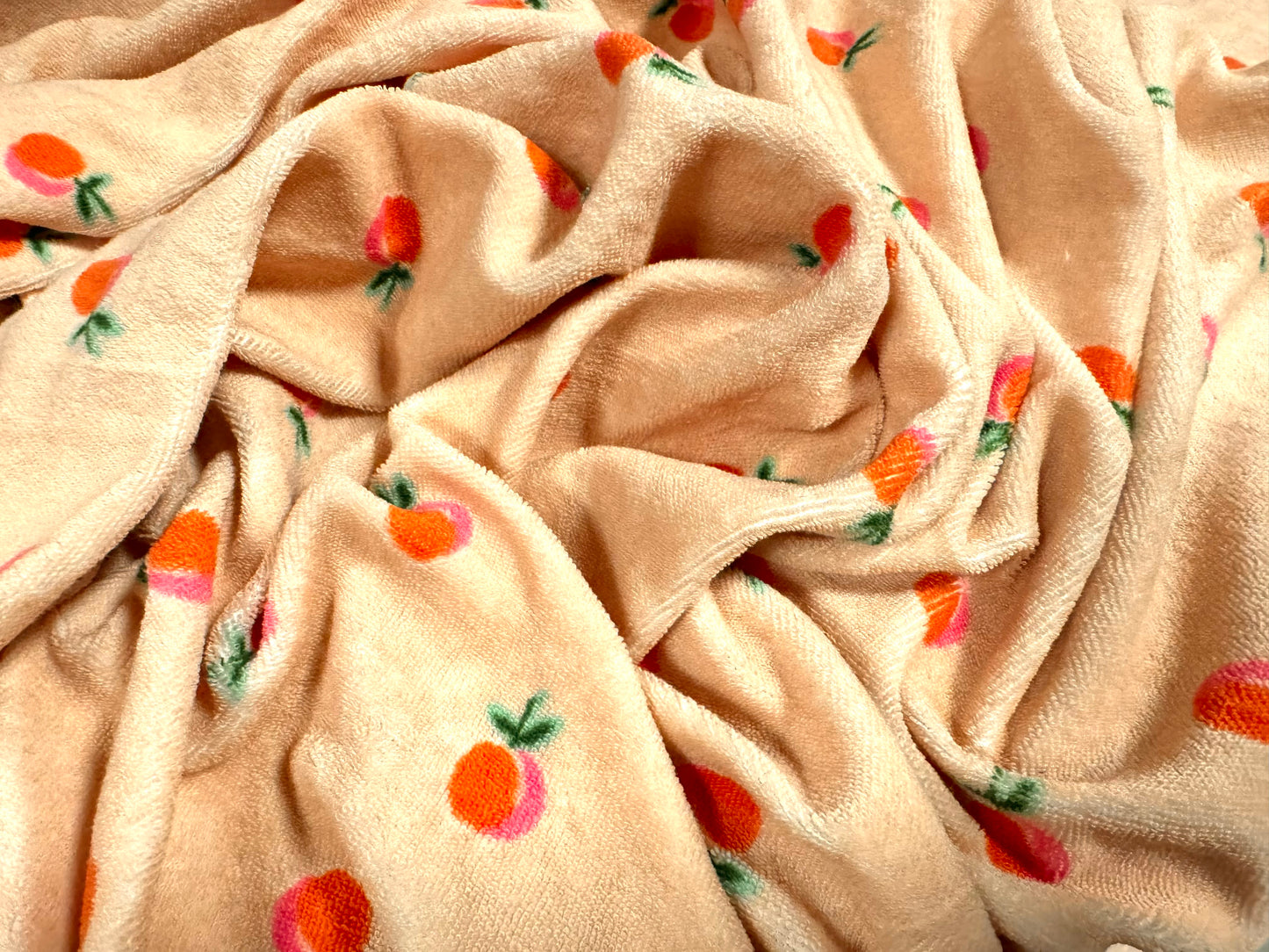 Cotton close cropped terry towelling fabric, per metre - peach fruit print - orange & peach!