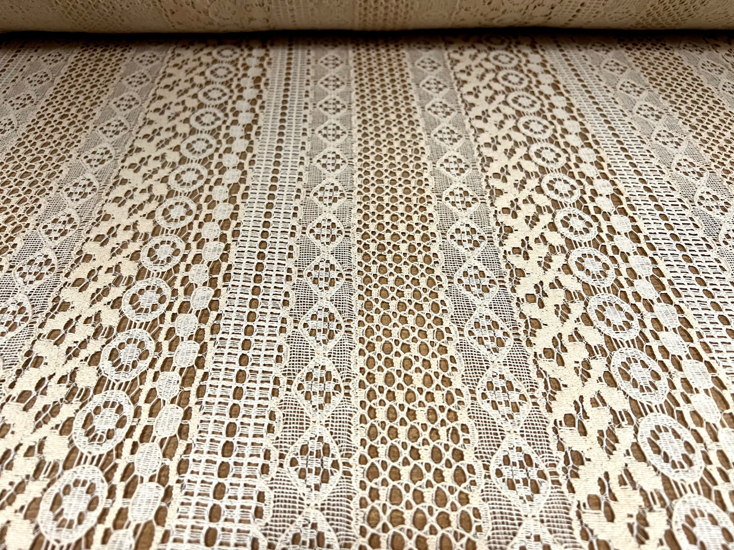 Cotton crochet lace fabric, per metre - floral stripe - cream