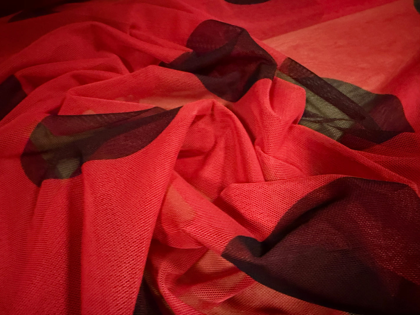 Power mesh net stretch spandex fabric, per metre - jumbo ladybird polka dot print - red & black