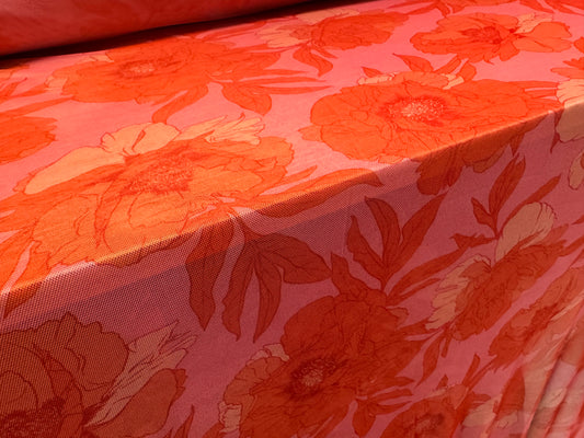 Power mesh net stretch spandex fabric, per metre - wild rose floral print - pink & coral
