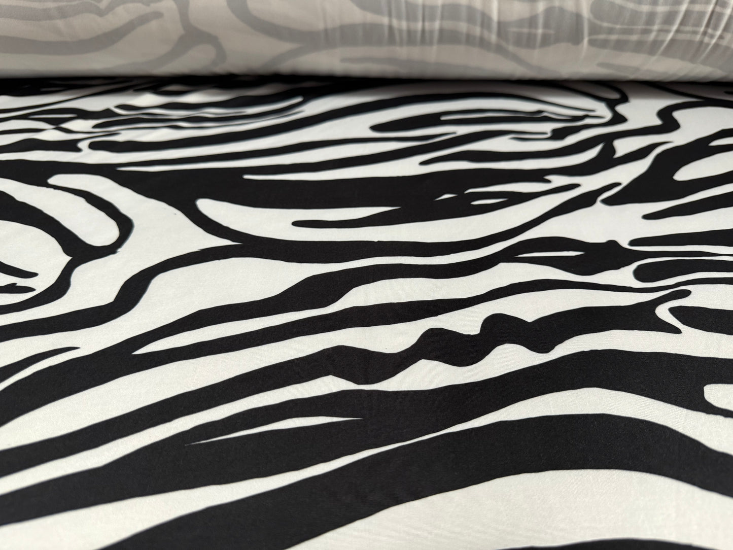 Soft touch stretch spandex single jersey fabric, per metre - zebra animal print - black & white