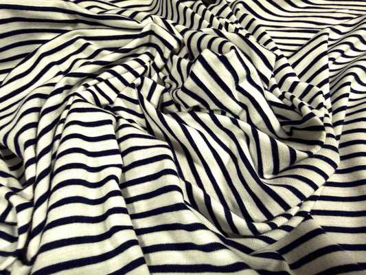 Viscose spandex stretch single jersey fabric, per metre - stripe - navy & ivory