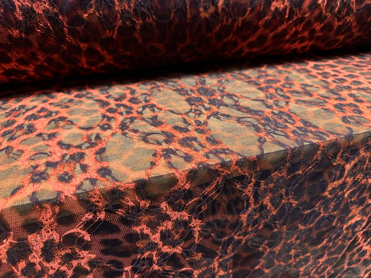 Stretch spandex mesh lace fabric, per metre - leopard animal print - burnt coral