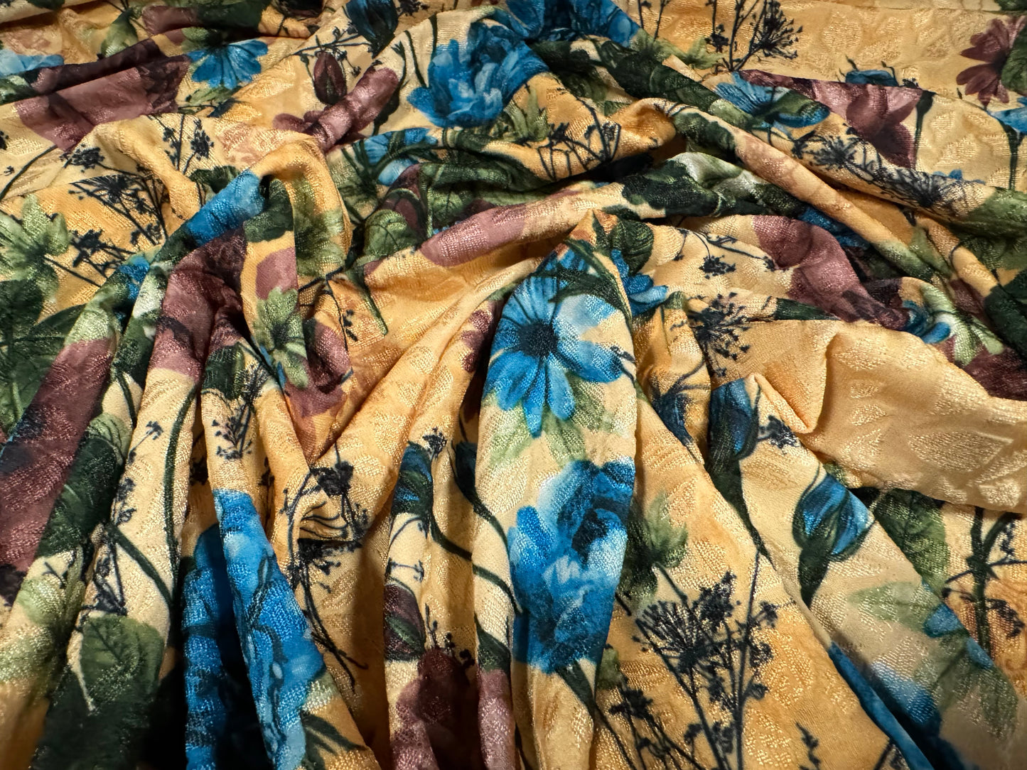 Stretch spandex jersey jacquard fabric, per metre - wild rose print - light gold & blue