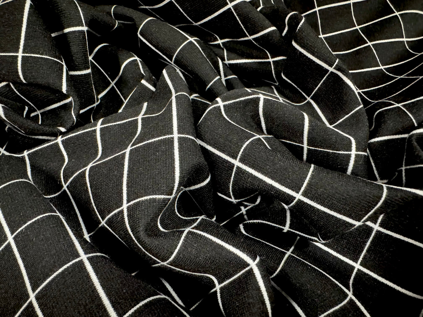Ponte Roma double jersey knit fabric, per metre - matrix square check - black & white
