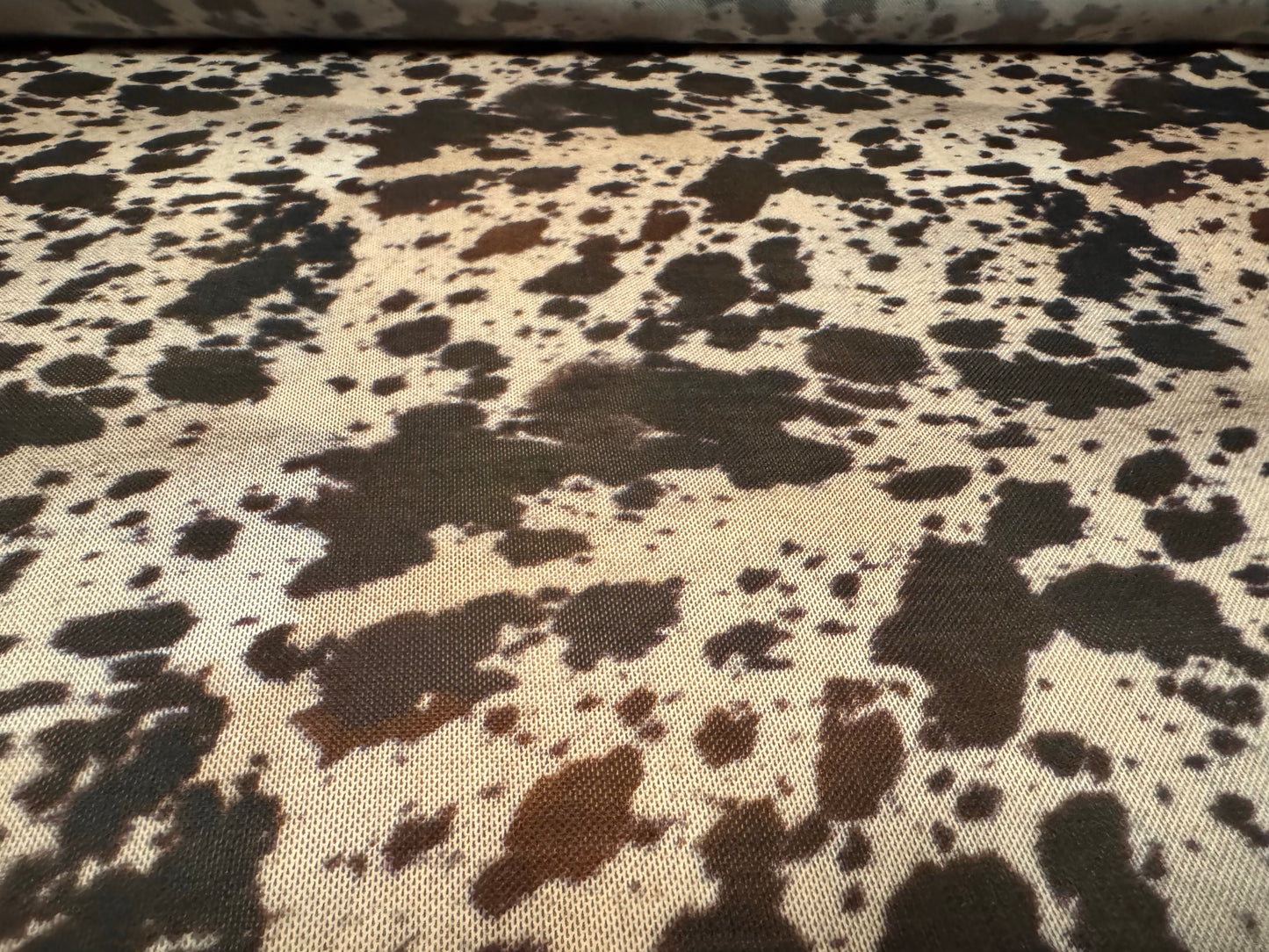 Power mesh net stretch spandex fabric, per metre - cow hide print - nude & dark brown