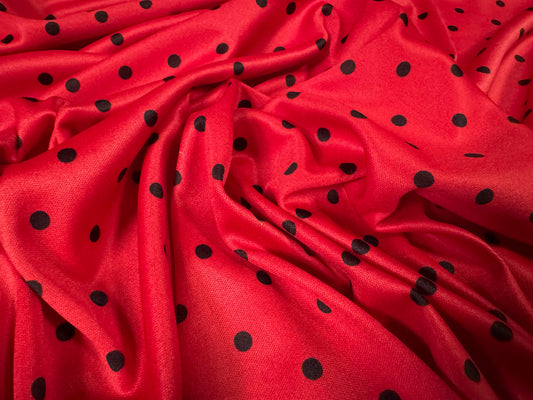 Single jersey fashion fabric, per metre - ladybug spot print - red & black