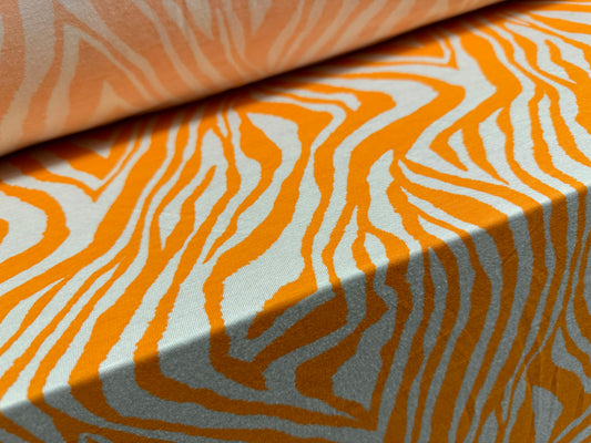 Viscose spandex stretch single jersey fabric, per metre - zebra animal print - orange & white