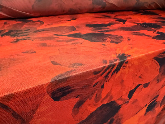 Power mesh net stretch spandex fabric, per metre - orchid floral print - burnt orange