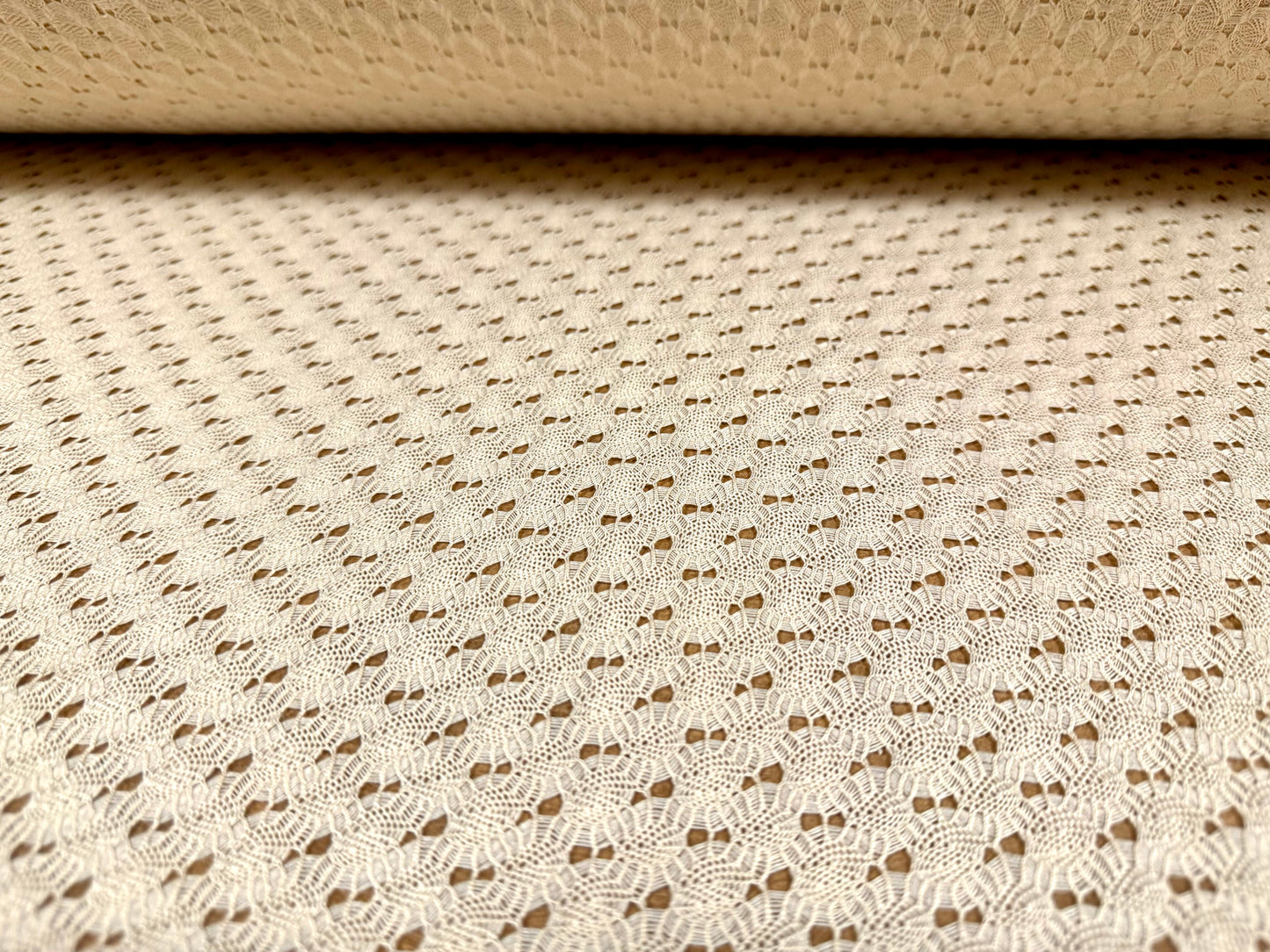 Crochet knit lace dress fabric, per metre - scalloped selvedge - cream